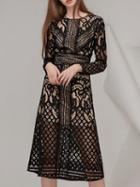 Choies Black Cut Out Detail Long Sleeve Chic Women Lace Midi Dress
