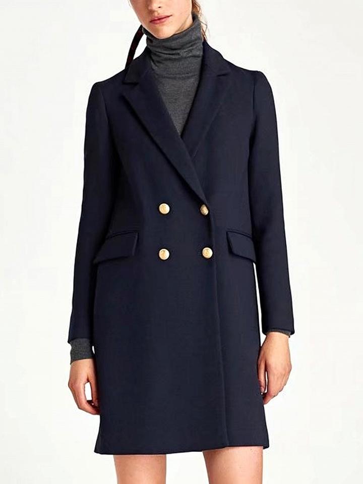 Choies Navy Blue Lapel Double-breasted Wool Blend Coat
