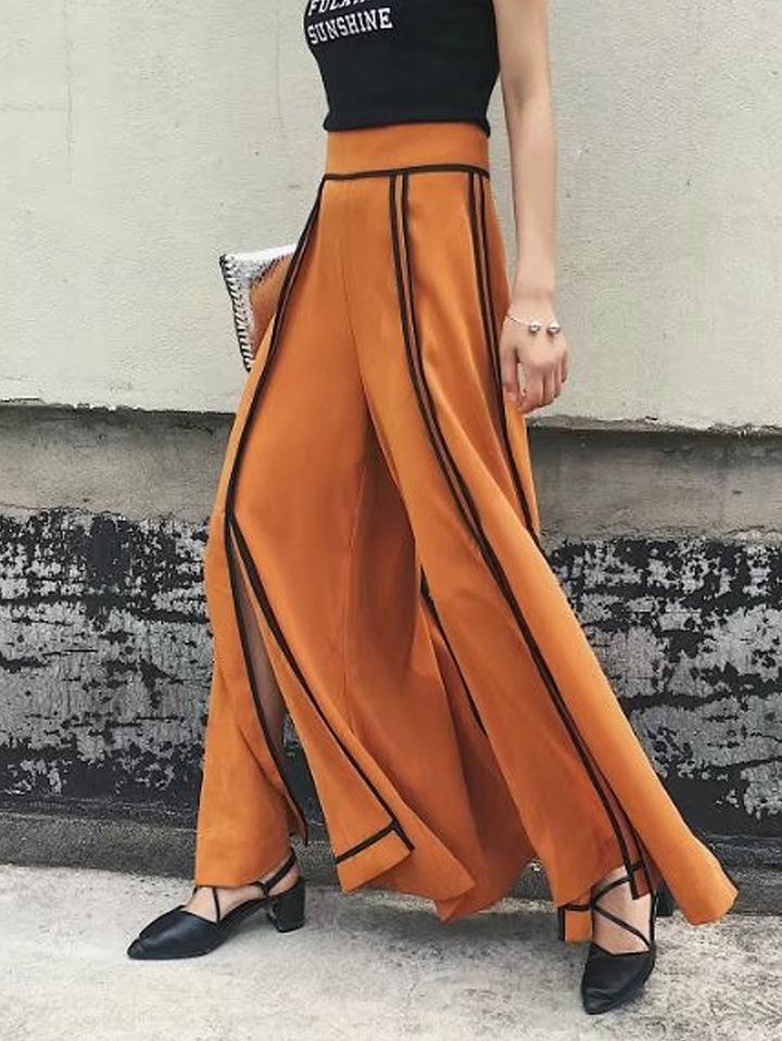 Choies Dark Orange Contrast Trim Split Wide Leg Pants