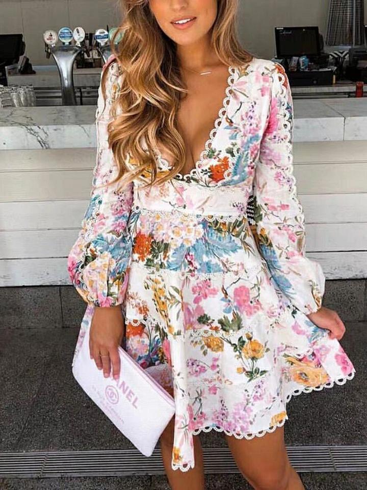 Choies Polychrome V-neck Floral Print Puff Sleeve Women Mini Dress