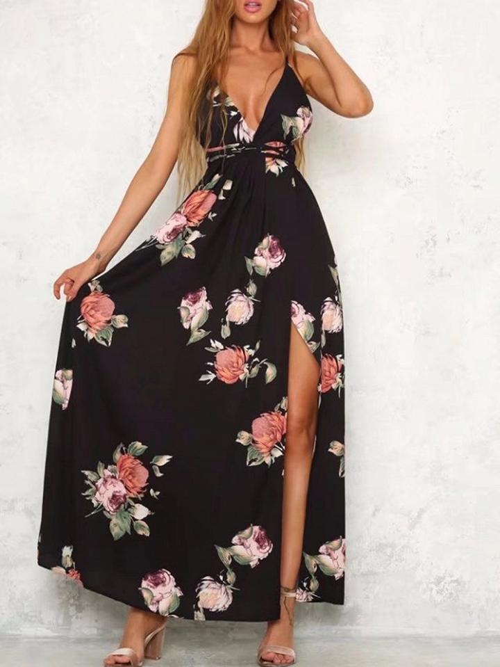 Choies Black Plunge Cross Strap Open Back Thigh Split Side Dress