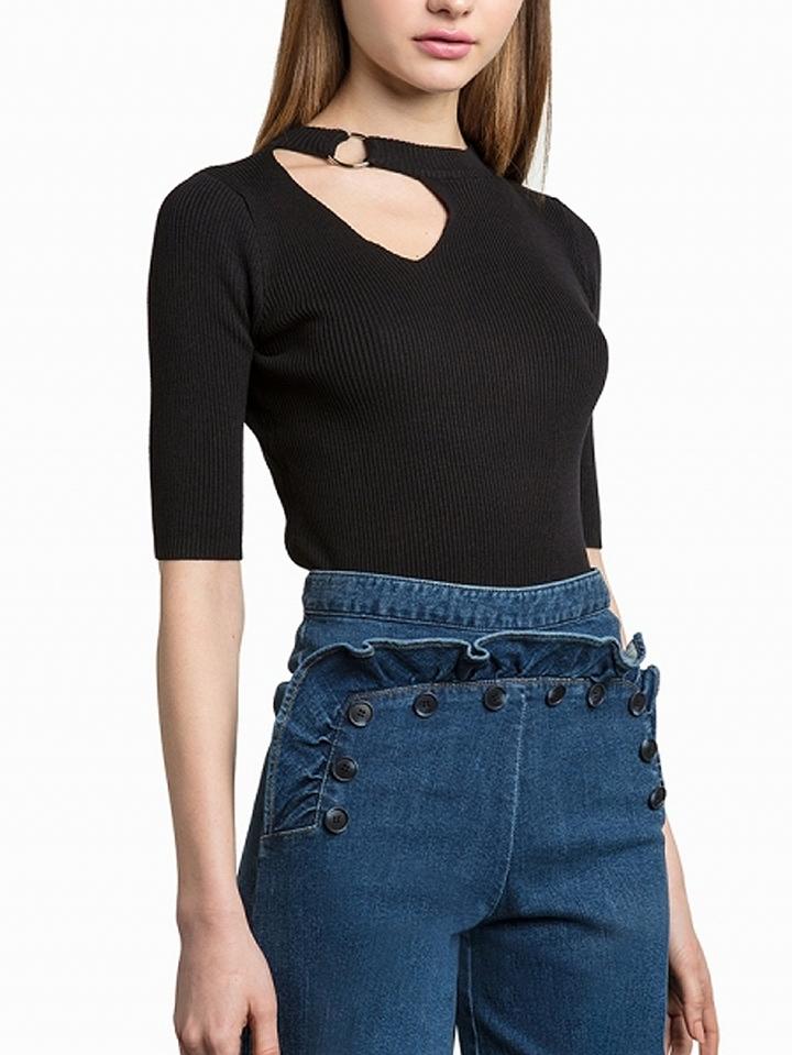 Choies Black Ring Detail Cut Out Half Sleeve Rib Knit Top