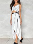Choies White Stripe V Neck Wrap Open Belly Tie Waist Split Maxi Dress