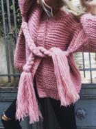 Choies Pink Open Front Tassel Ribbon Waist Puff Sleeve Knit Cardigan