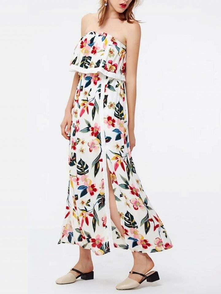 Choies White Off Shoulder Floral Print Lace Panel Maxi Dress