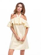 Choies Yellow Plaid Halter Off Shoulder Ruffle Trim Mini Dress