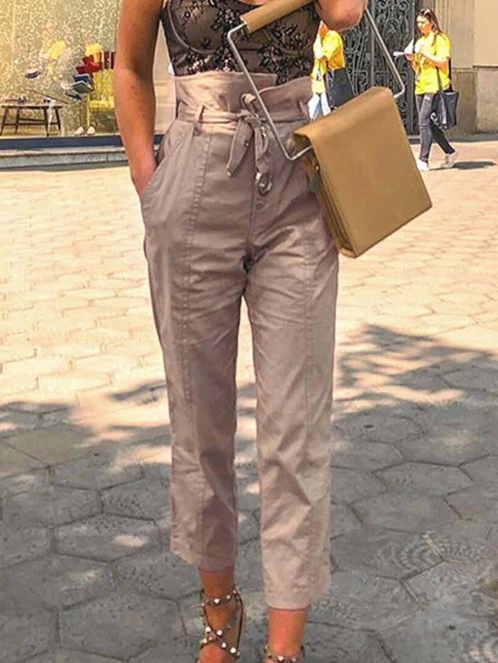 Choies Beige High Waist Button Placket Front Chic Women Pants