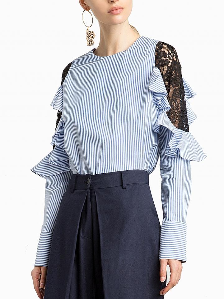 Choies Blue Ruffle Lace Panel Sleeve Striped Top
