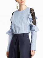 Choies Blue Ruffle Lace Panel Sleeve Striped Top