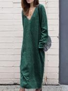 Choies Green V-neck Long Sleeve Knit Dress