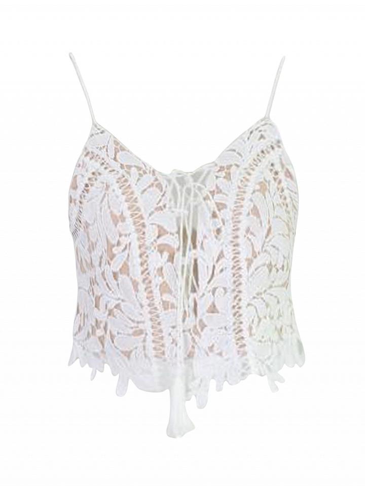 Choies Beige Tassel Lace Up Front Zip Back Lace Bralette Cami Top
