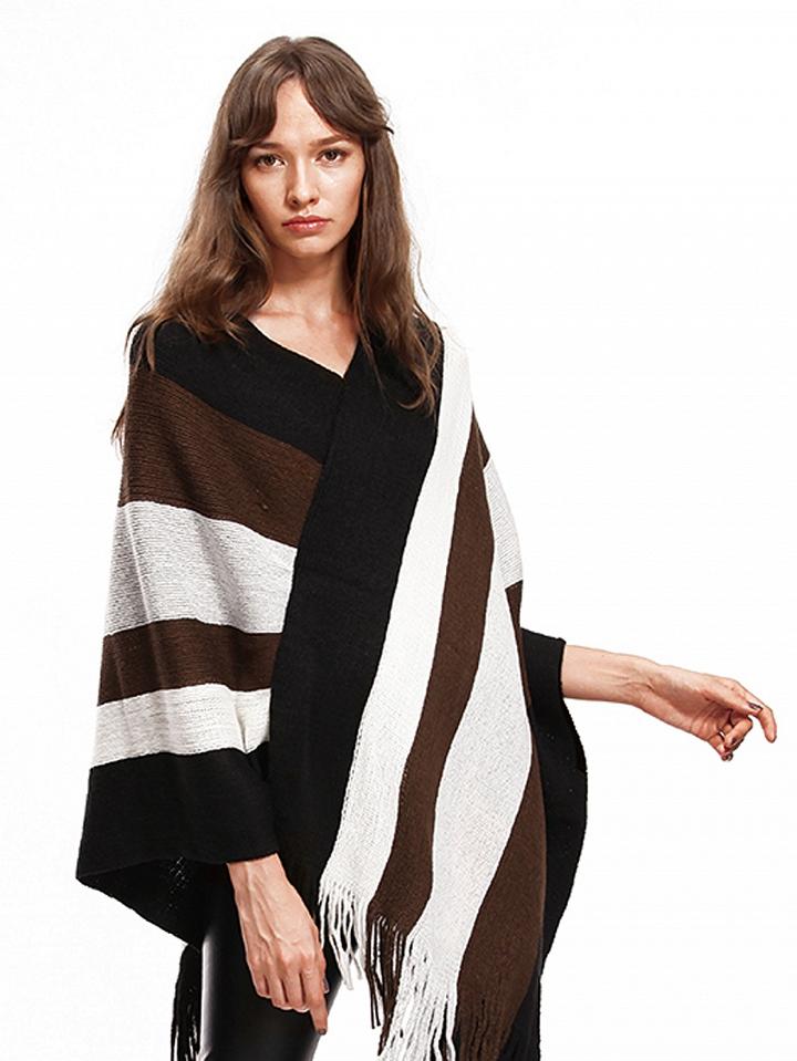 Choies Black V-neck Geo Pattern Fringe Hem Knit Poncho