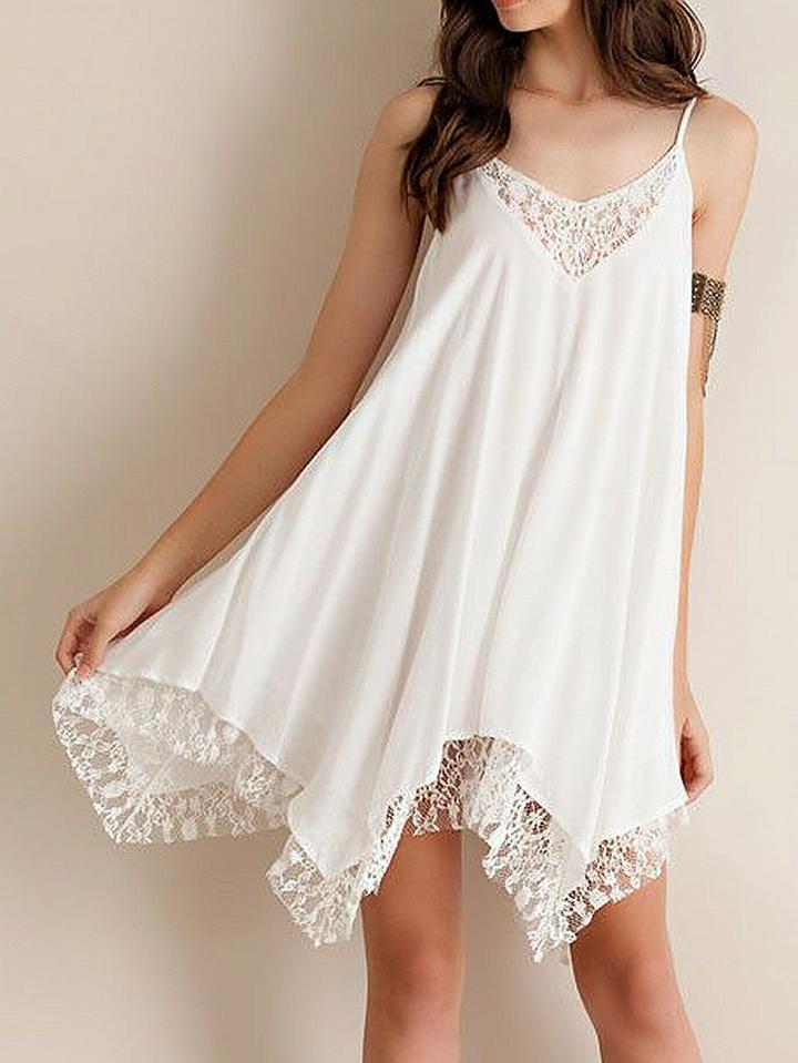 Choies White V-neck Spaghetti Strap Asymmetric Hem Mini Dress
