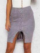 Choies Gray Faux Suede High Waist Lace Up Front Pencil Skirt