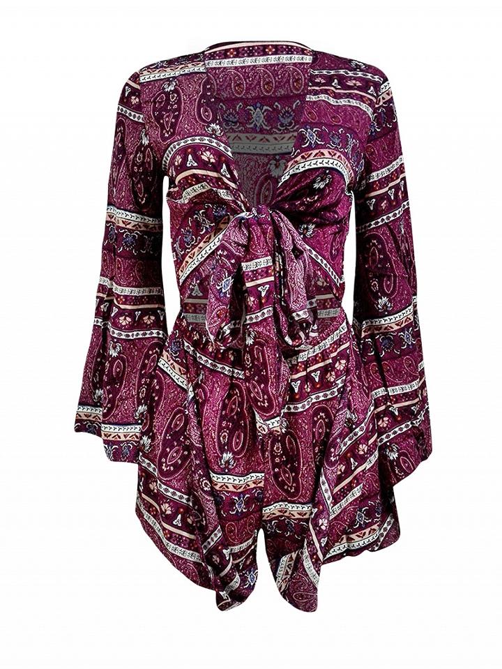 Choies Rose V-neck Tie Front Open Belly Paisley Floral Romper Playsuit