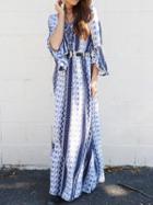 Choies Color Block Folk Print Lace Up Open Back Maxi Dress