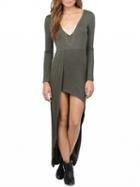 Choies Army Green V-neck Long Sleeve Hi-lo Maxi Dress