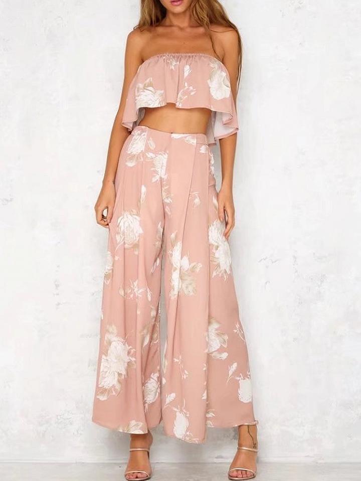 Choies Pink Floral Off Shoulder Crop Top And High Waist Wide Leg Palazzo Pants