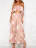 Choies Pink Floral Off Shoulder Crop Top And High Waist Wide Leg Palazzo Pants