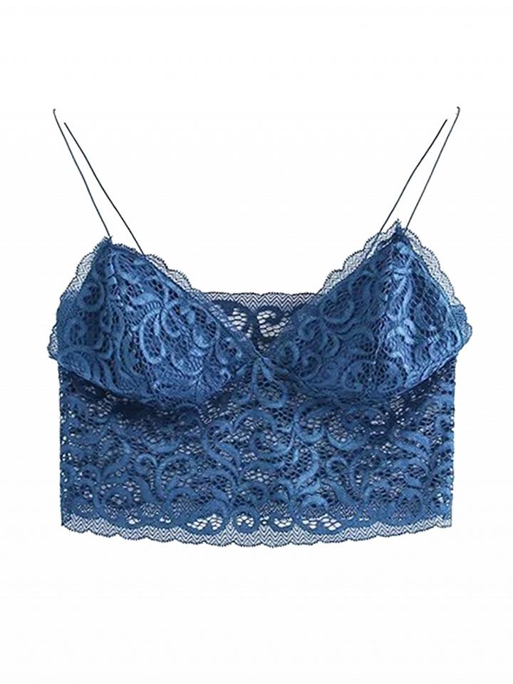 Choies Blue V-neck Spaghetti Strap Sheer Lace Crop Top