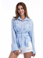 Choies Blue Stripe Corset Detail Pocket Long Sleeve Shirt