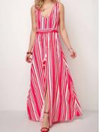 Choies Red Stripe Cotton V-neck Thigh Split Front Chic Women Cami Maxi Dress