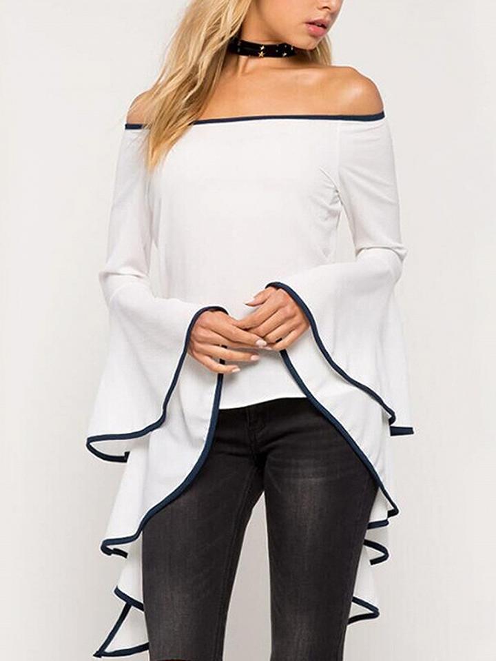 Choies White Off Shoulder Flared Sleeve Contrast Hem Blouse