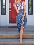 Choies Blue Star Print Stripe Panel Sleeveless Chic Women Maxi Dress