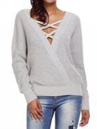 Choies Gray Lace Up Detail Long Sleeve Knit Sweater