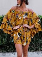 Choies Yellow Off Shoulder Floral Print Ruffle Sleeve Romper Playsuit