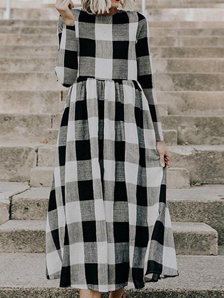 Choies Black Plaid Long Sleeve Chic Women Midi Dress