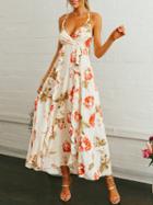 Choies Pink Plunge Floral Print Lace Up Back Ruffle Trim Maxi Dress