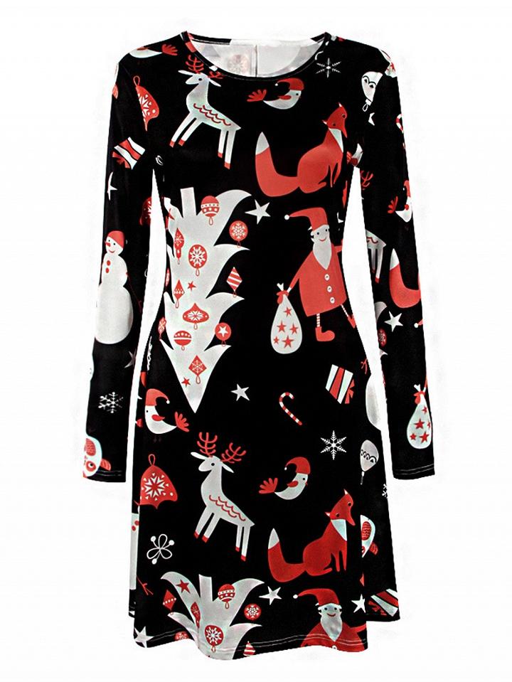 Choies Black Reindeer Print Long Sleeve Holiday Dress