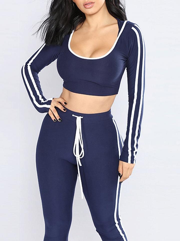 Choies Blue Stripe Long Sleeve Crop Hoodie And High Waist Pants