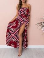 Choies Red Bandeau Print Detail Thigh Split Side Maxi Dress