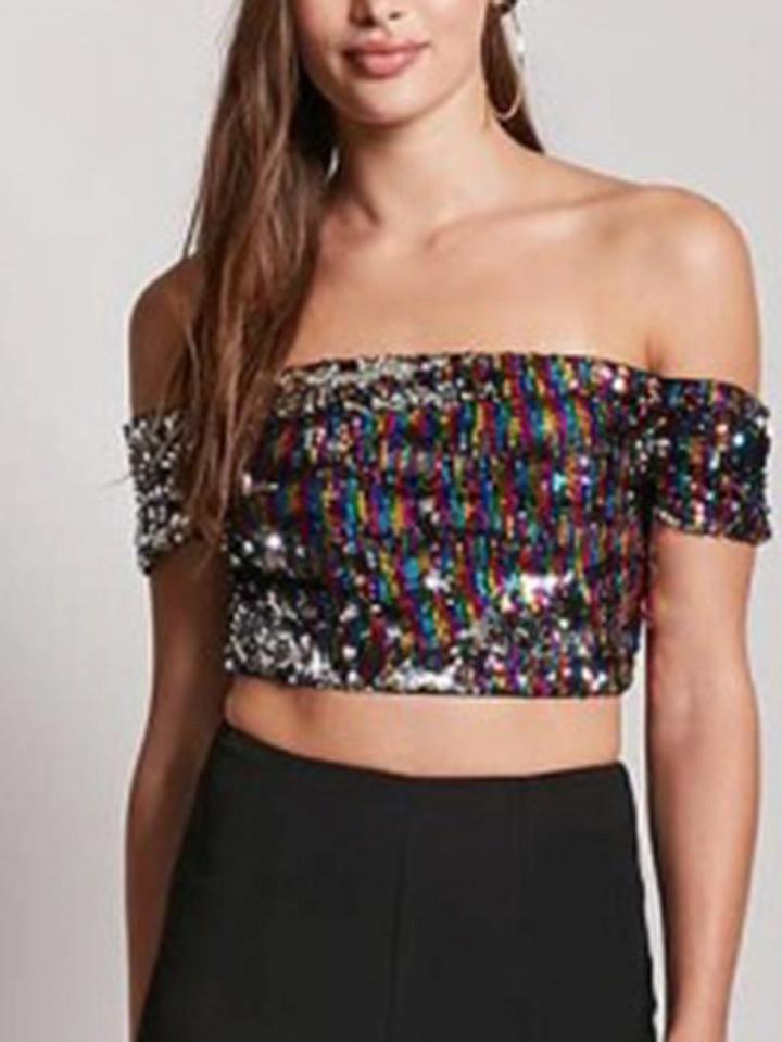 Choies Polychrome Off Shoulder Sequin Detail Crop Top