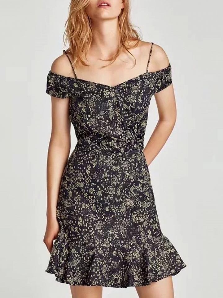 Choies Navy Blue Off Shoulder Spaghetti Strap Floral Mini Dress