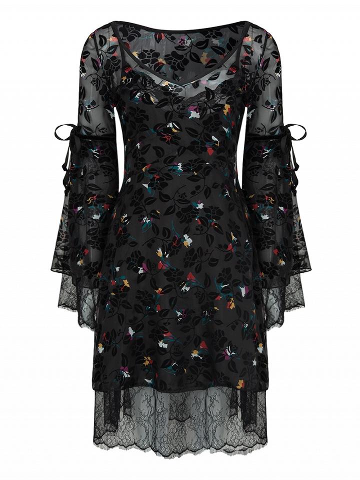 Choies Black V-neck Floral Long Sleeve Dress And Cami Lining
