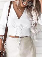 Choies White V-neck Lace Up Front Long Sleeve Cropped Blouse