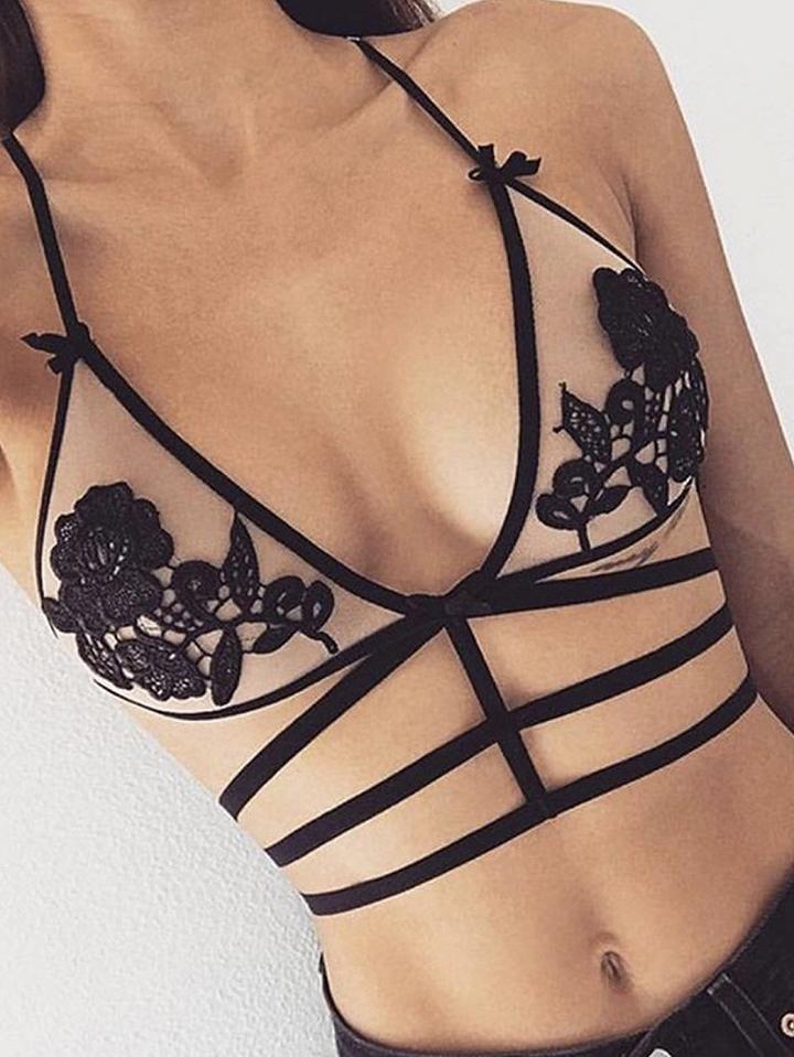Choies Black Embroidered Mesh Caged Strappy Bralette Cami Top