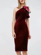 Choies Burgundy Velvet One Shoulder Ruffle Detail Bodycon Dress