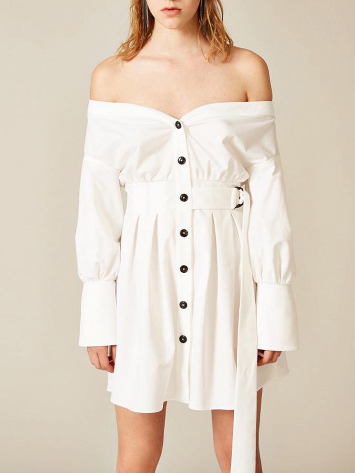 Choies White Off Shoulder Button Front Long Sleeve Mini Dress