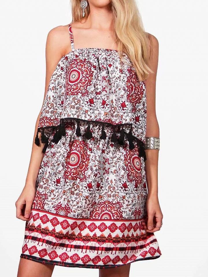 Choies Polychrome Tassel Detail Layered Top Spaghetti Strap Mini Dress