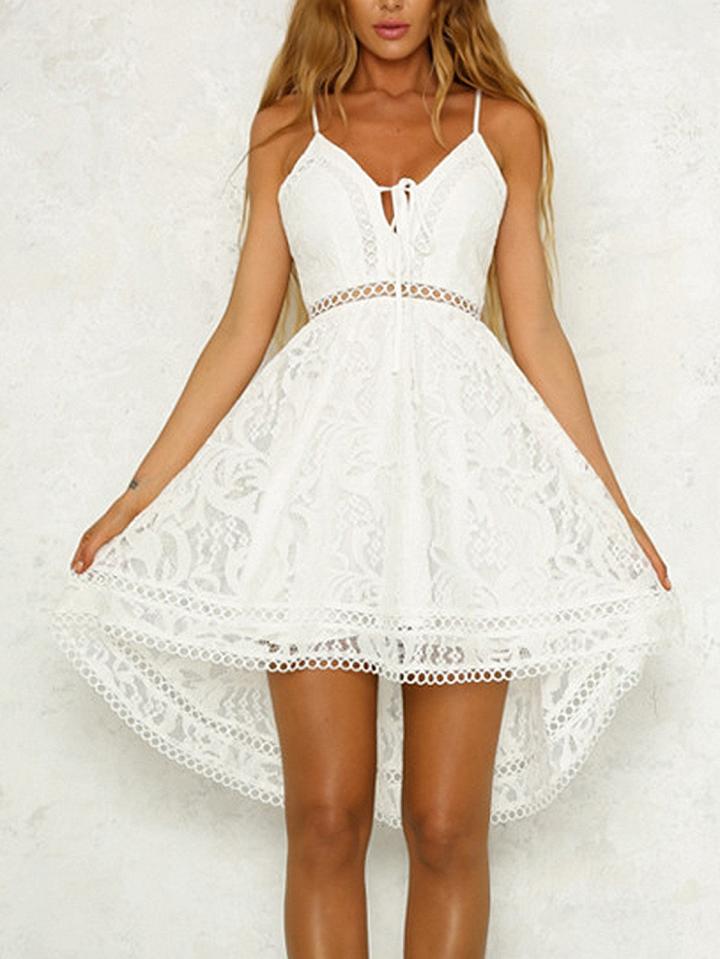 Choies White Spaghetti Strap V-neck Open Back Lace Hi-lo Mini Dress