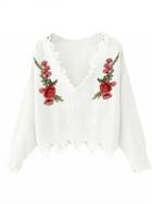 Choies White V-neck Floral Embroidery Raw Trim Knit Sweater