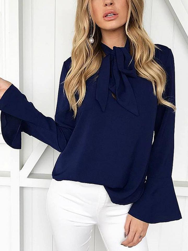 Choies Navy Blue Tie Neck Bell Cuff Long Sleeve Shirt