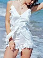 Choies White Satin V Neck Frill Trim Tie Waist Cami Romper Playsuit