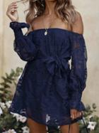 Choies Blue Off Shoulder Tie Waist Puff Sleeve Chic Women Lace Mini Dress
