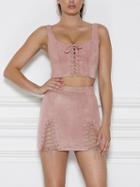 Choies Pink Faux Suede Lace Up Crop Tank Top And Mini Pencil Skirt