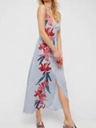 Choies Blue V-neck Floral Print Open Back Split Maxi Vest Dress